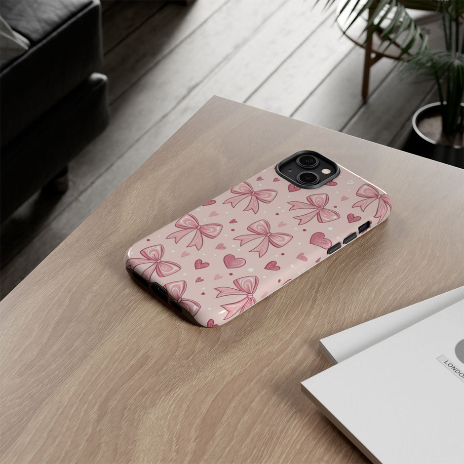 Pink Bow & Hearts Tough Phone Case — Cute Floral Ribbon iPhone Cover