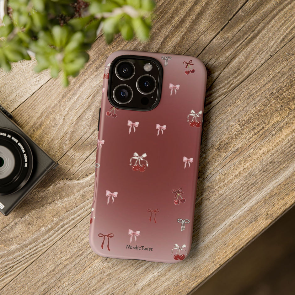 Cherry Bow Phone Case — Cute Red Gradient Protective Cover