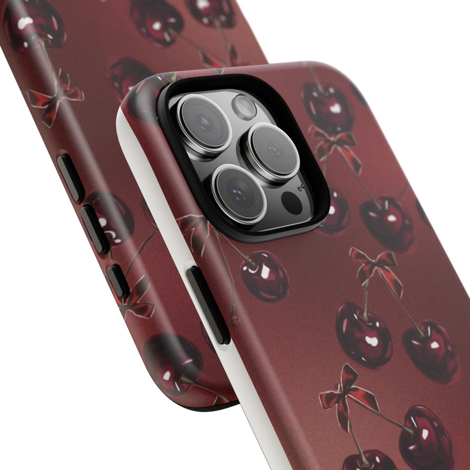 Cherry Pattern Tough Phone Case — Retro Dark Red Cherry iPhone Cover