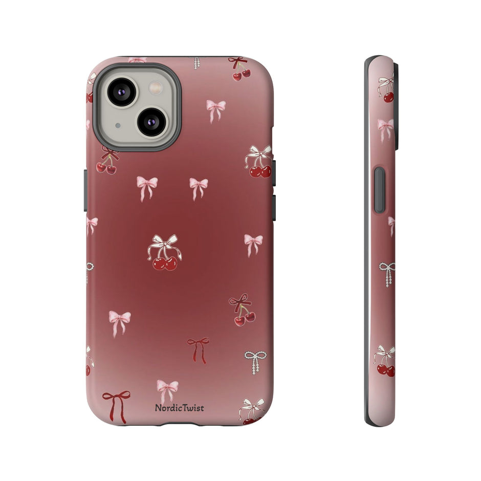 Cherry Bow Phone Case — Cute Red Gradient Protective Cover