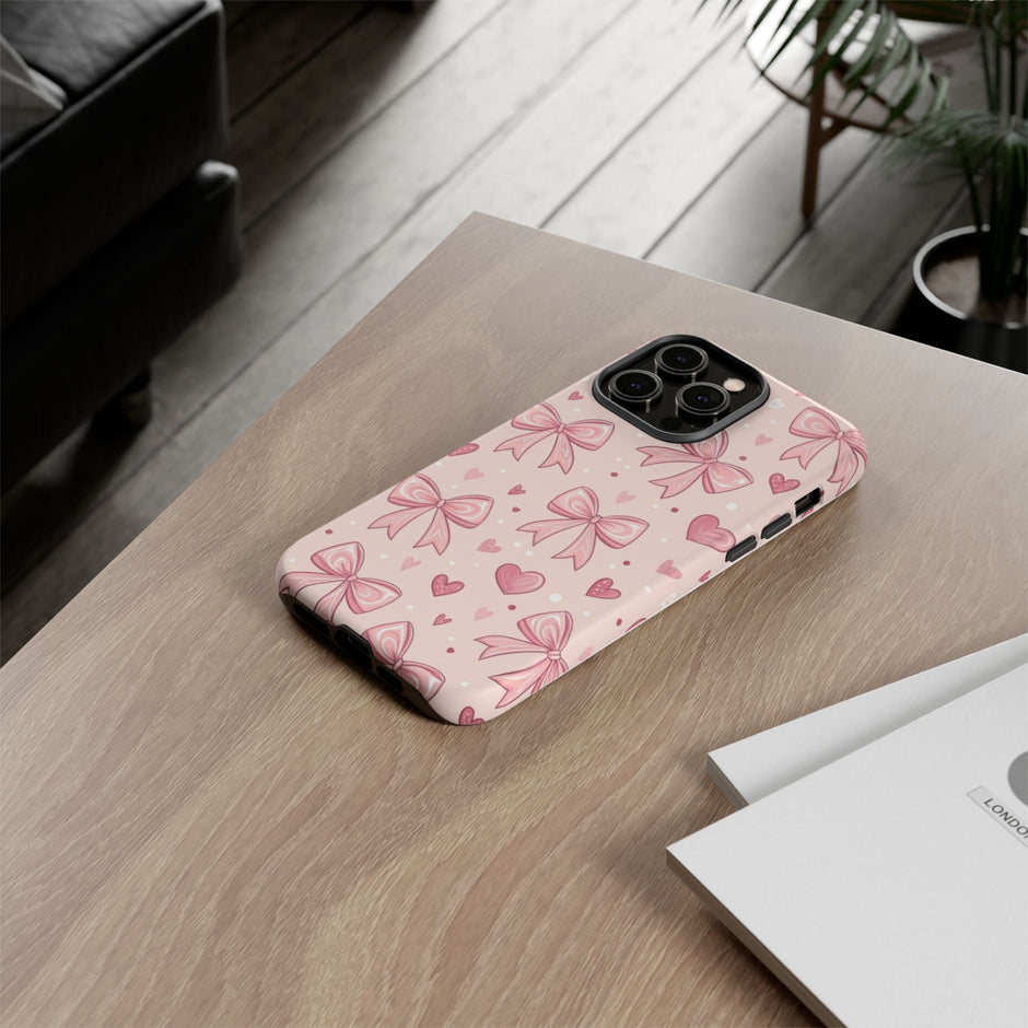 Pink Bow & Hearts Tough Phone Case — Cute Floral Ribbon iPhone Cover