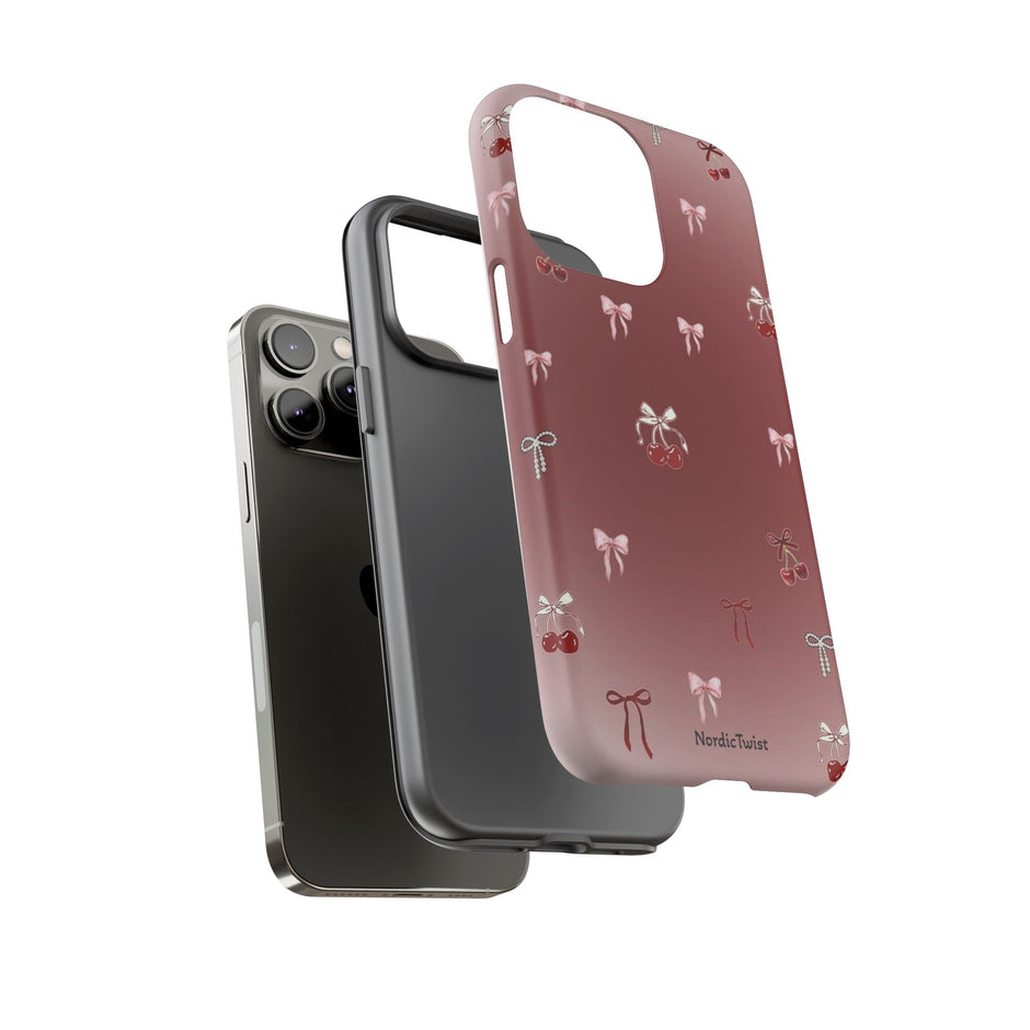 Cherry Bow Phone Case — Cute Red Gradient Protective Cover