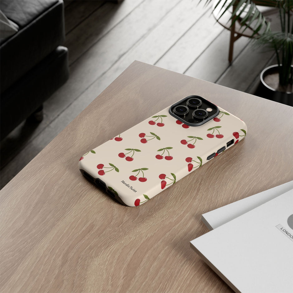 Cherry Pattern Tough Phone Case — Retro Red Cherries on Cream