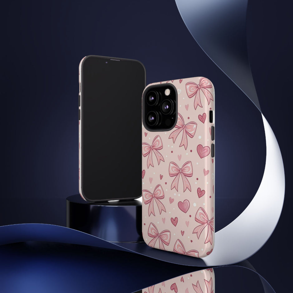Pink Bow & Hearts Tough Phone Case — Cute Floral Ribbon iPhone Cover