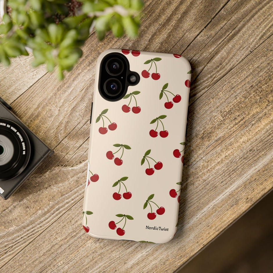 Cherry Pattern Tough Phone Case — Retro Red Cherries on Cream