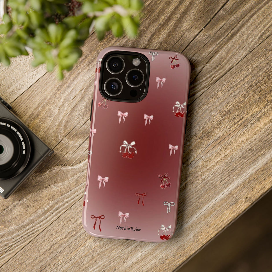 Cherry Bow Phone Case — Cute Red Gradient Protective Cover