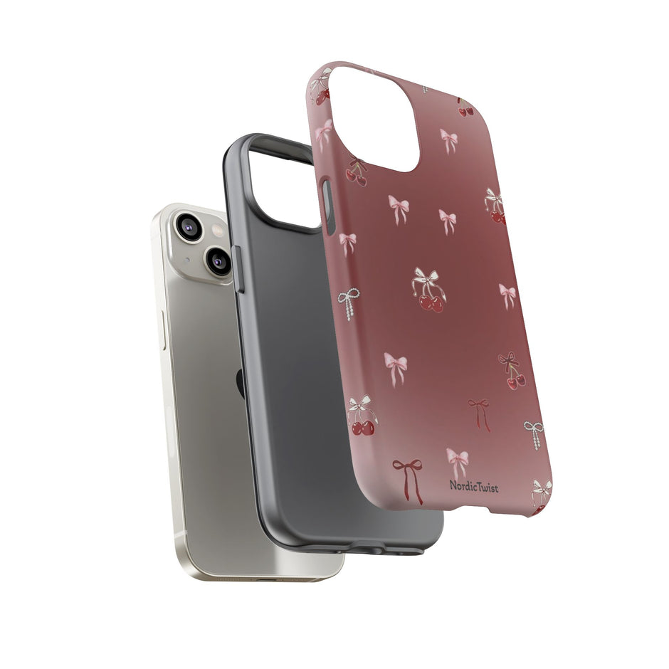 Cherry Bow Phone Case — Cute Red Gradient Protective Cover