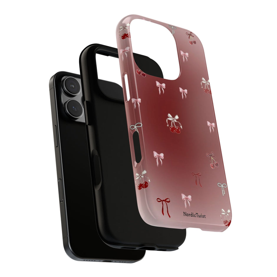 Cherry Bow Phone Case — Cute Red Gradient Protective Cover