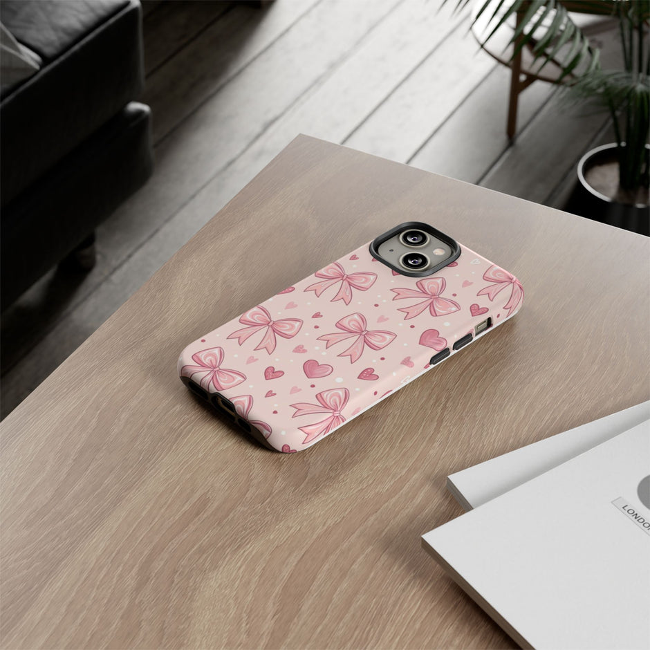Pink Bow & Hearts Tough Phone Case — Cute Floral Ribbon iPhone Cover