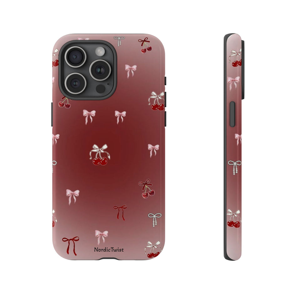 Cherry Bow Phone Case — Cute Red Gradient Protective Cover