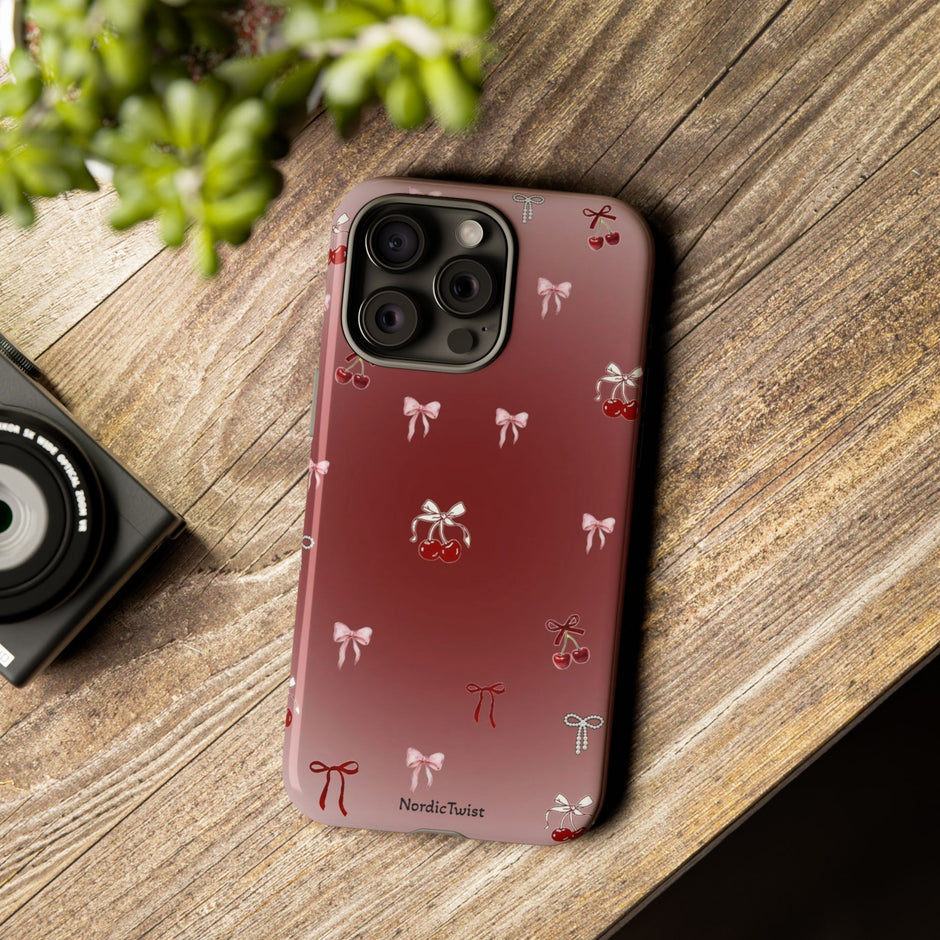 Cherry Bow Phone Case — Cute Red Gradient Protective Cover