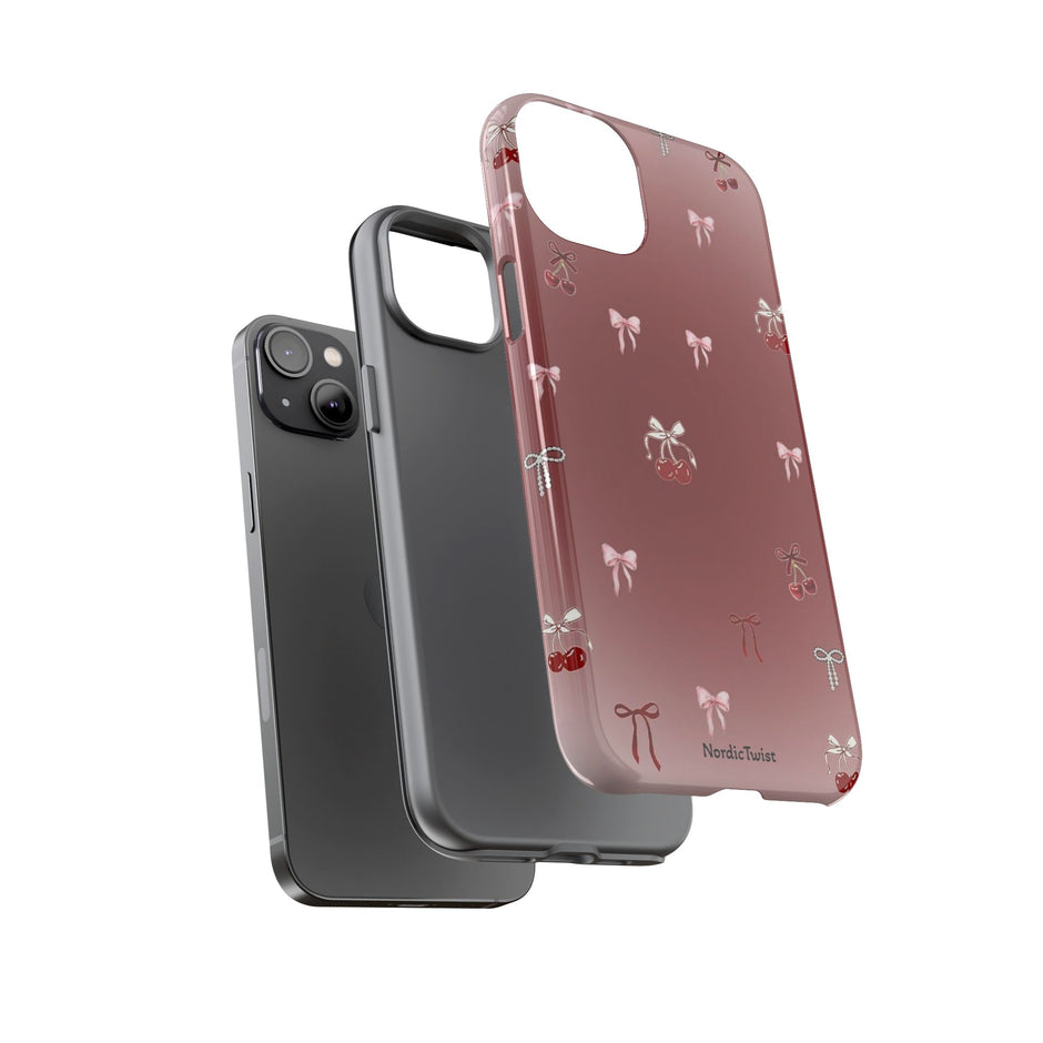 Cherry Bow Phone Case — Cute Red Gradient Protective Cover