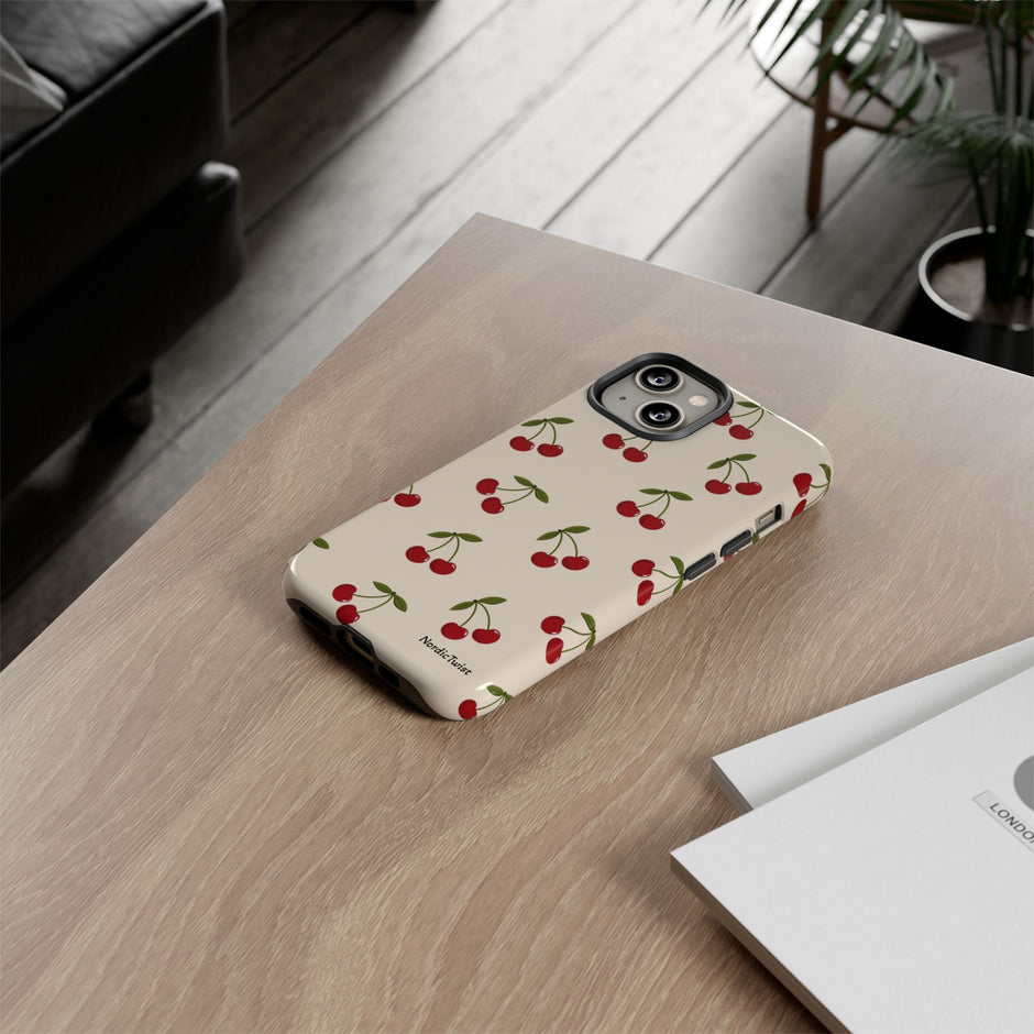 Cherry Pattern Tough Phone Case — Retro Red Cherries on Cream