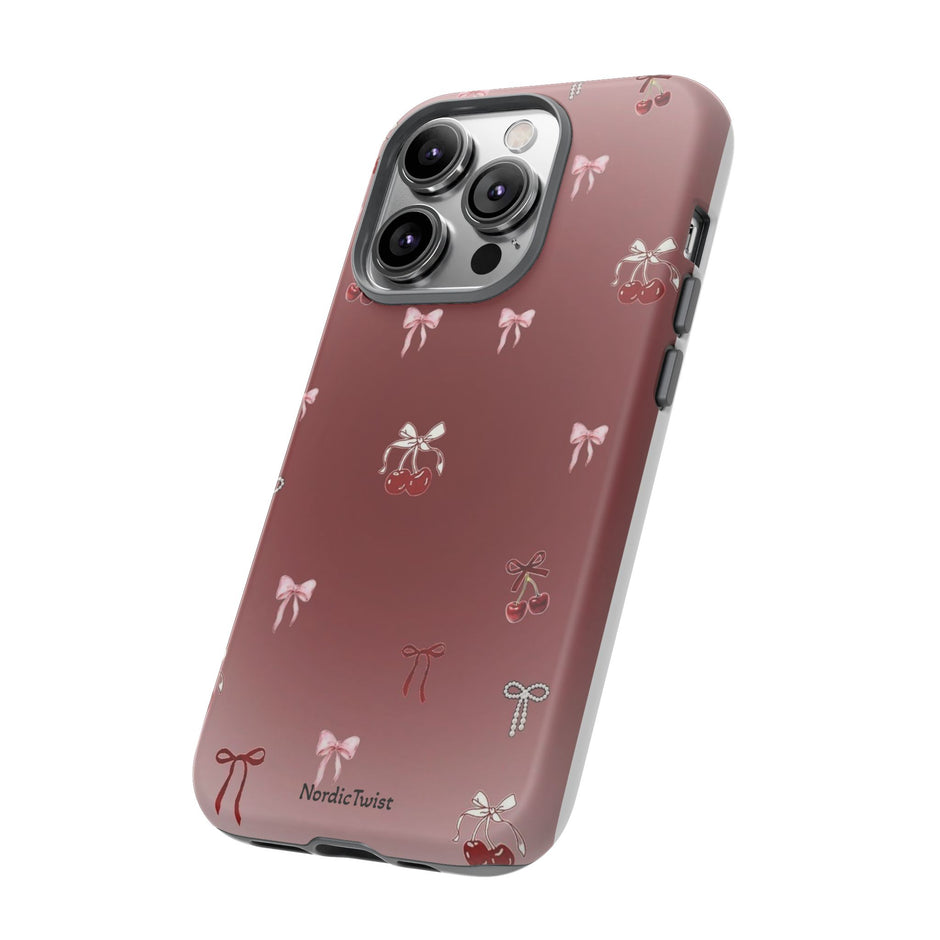 Cherry Bow Phone Case — Cute Red Gradient Protective Cover