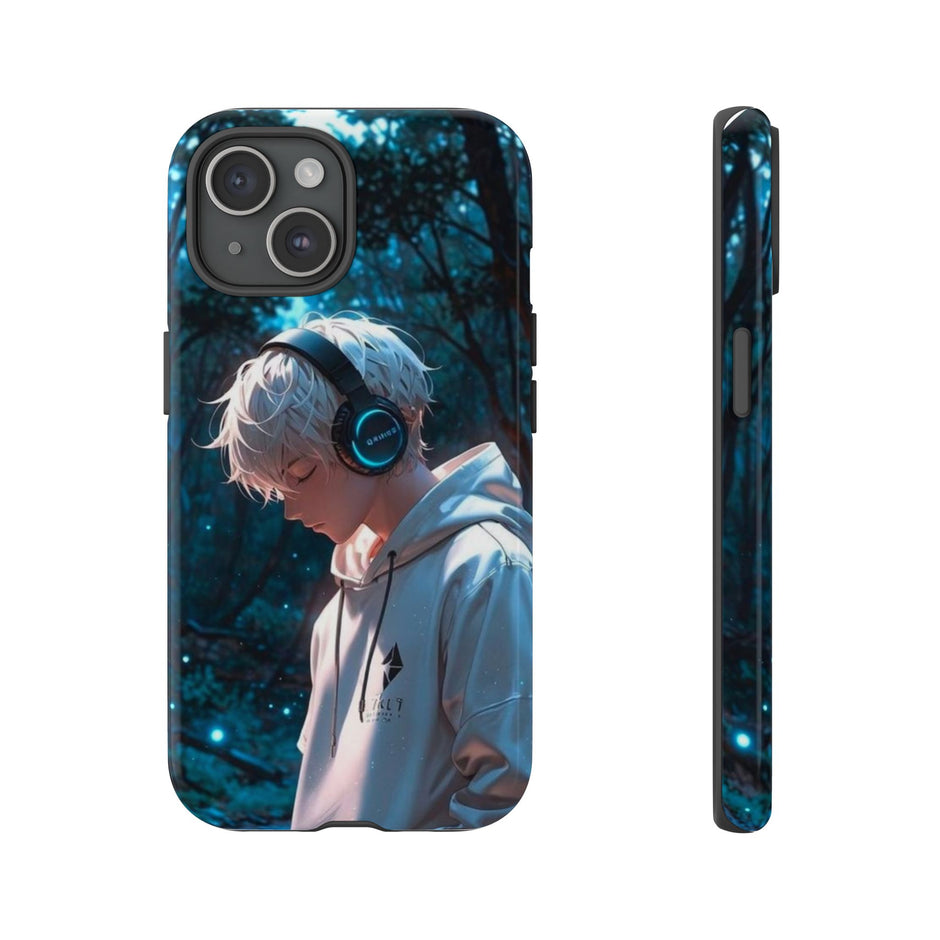 Stöttåligt mobilskal-Animepojke i skogen