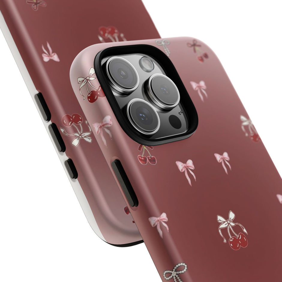 Cherry Bow Phone Case — Cute Red Gradient Protective Cover