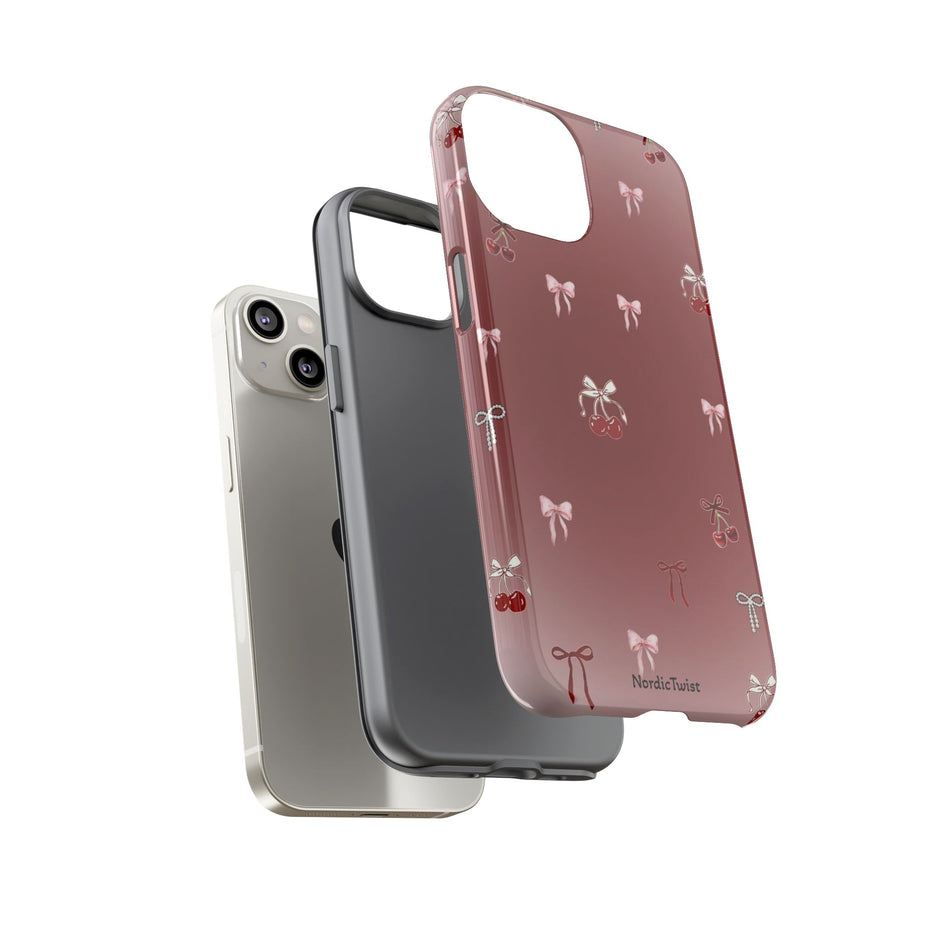 Cherry Bow Phone Case — Cute Red Gradient Protective Cover