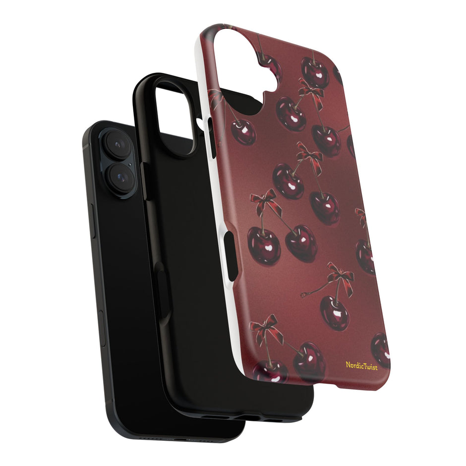 Cherry Pattern Tough Phone Case — Retro Dark Red Cherry iPhone Cover