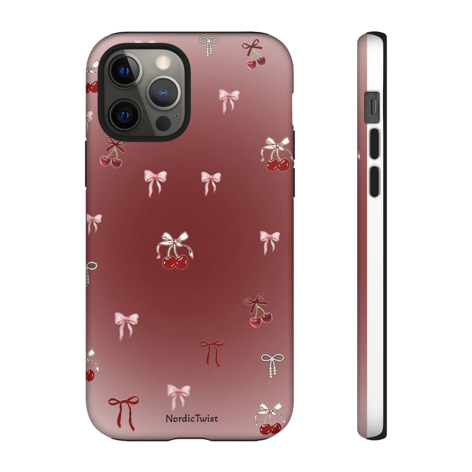 Cherry Bow Phone Case — Cute Red Gradient Protective Cover