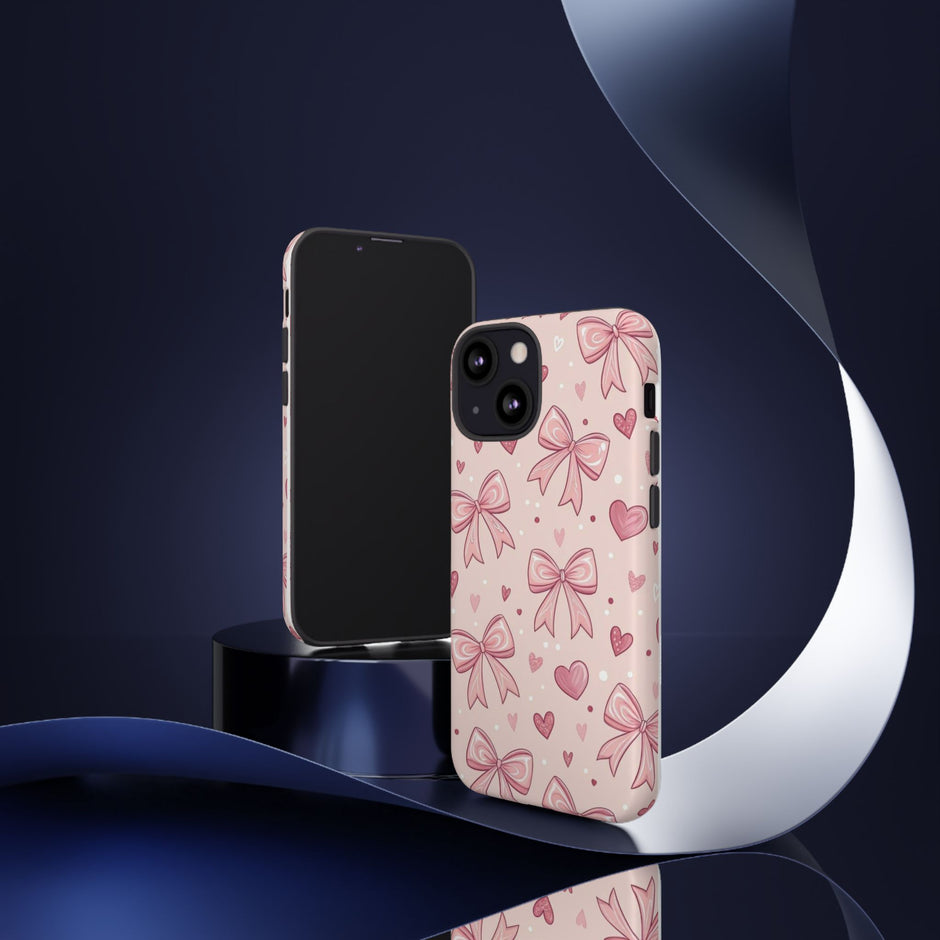 Pink Bow & Hearts Tough Phone Case — Cute Floral Ribbon iPhone Cover
