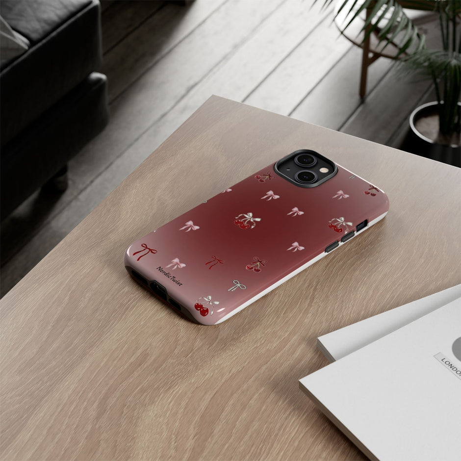 Cherry Bow Phone Case — Cute Red Gradient Protective Cover