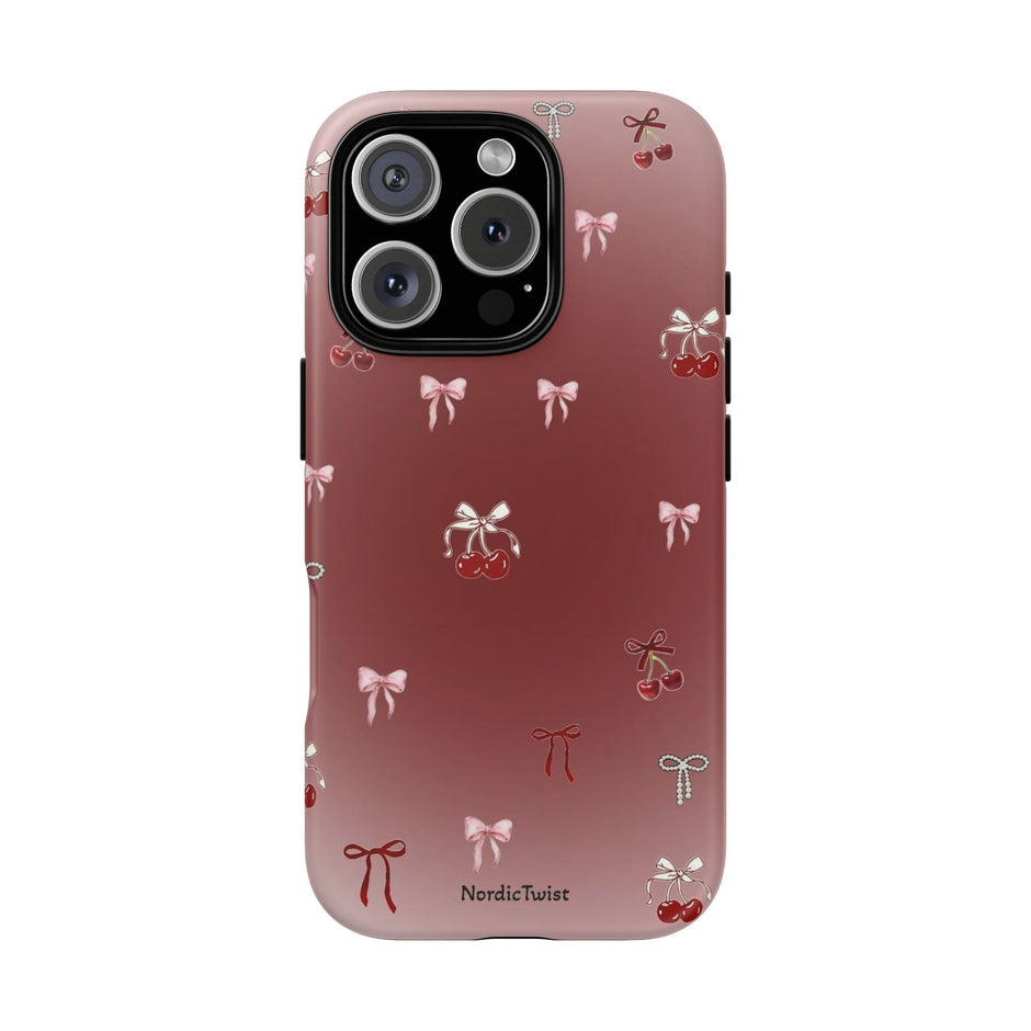 Cherry Bow Phone Case — Cute Red Gradient Protective Cover