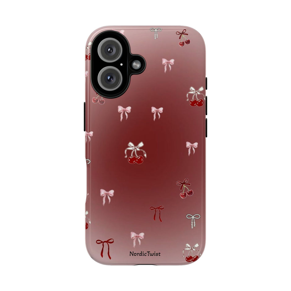 Cherry Bow Phone Case — Cute Red Gradient Protective Cover
