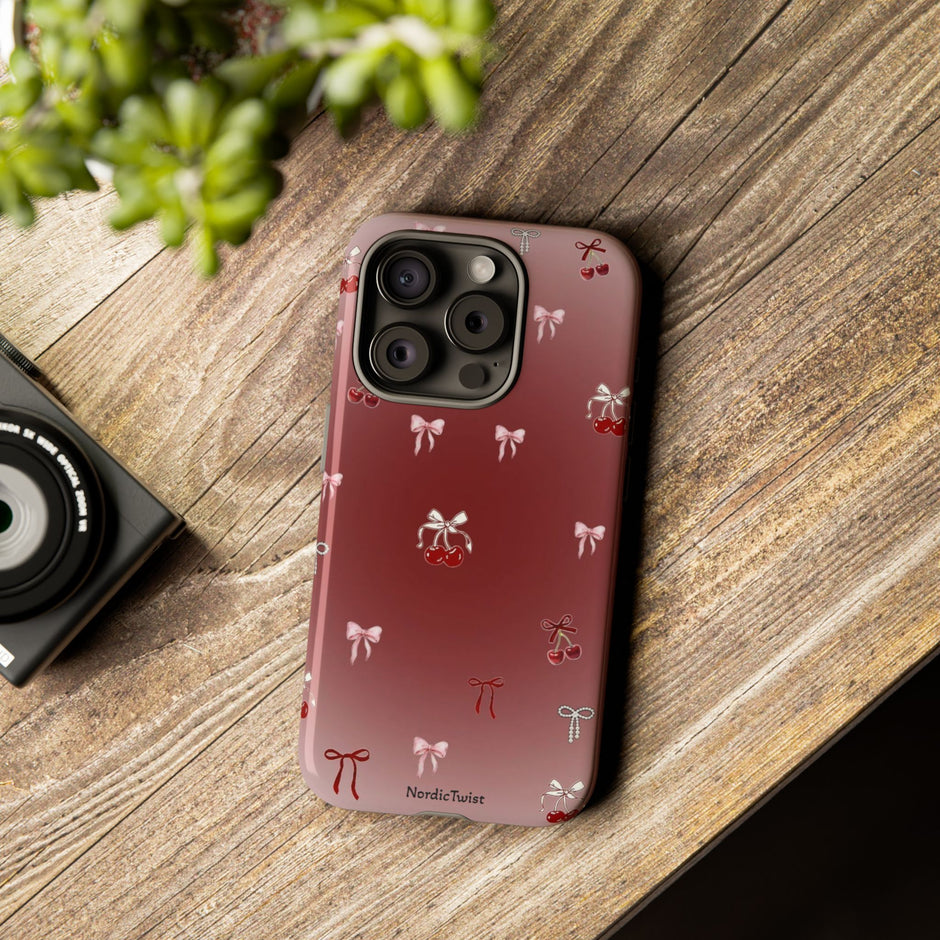 Cherry Bow Phone Case — Cute Red Gradient Protective Cover