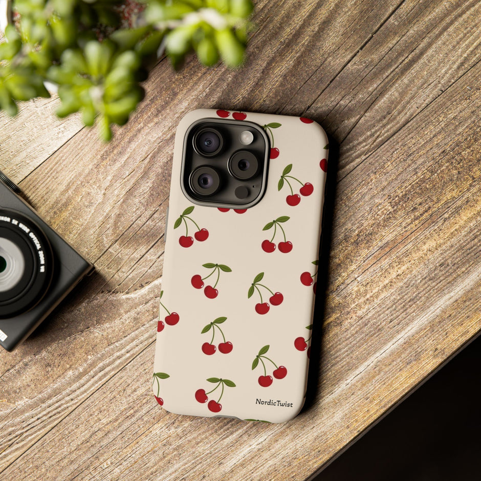 Cherry Pattern Tough Phone Case — Retro Red Cherries on Cream