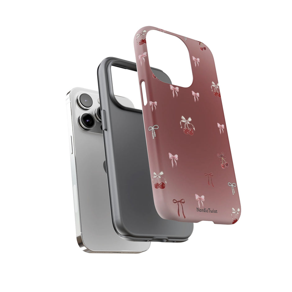 Cherry Bow Phone Case — Cute Red Gradient Protective Cover
