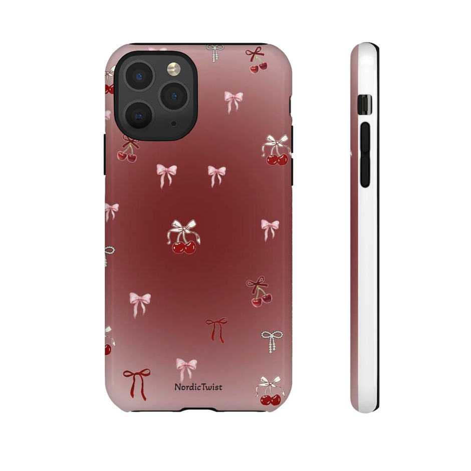 Cherry Bow Phone Case — Cute Red Gradient Protective Cover