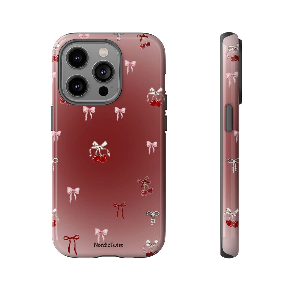 Cherry Bow Phone Case — Cute Red Gradient Protective Cover