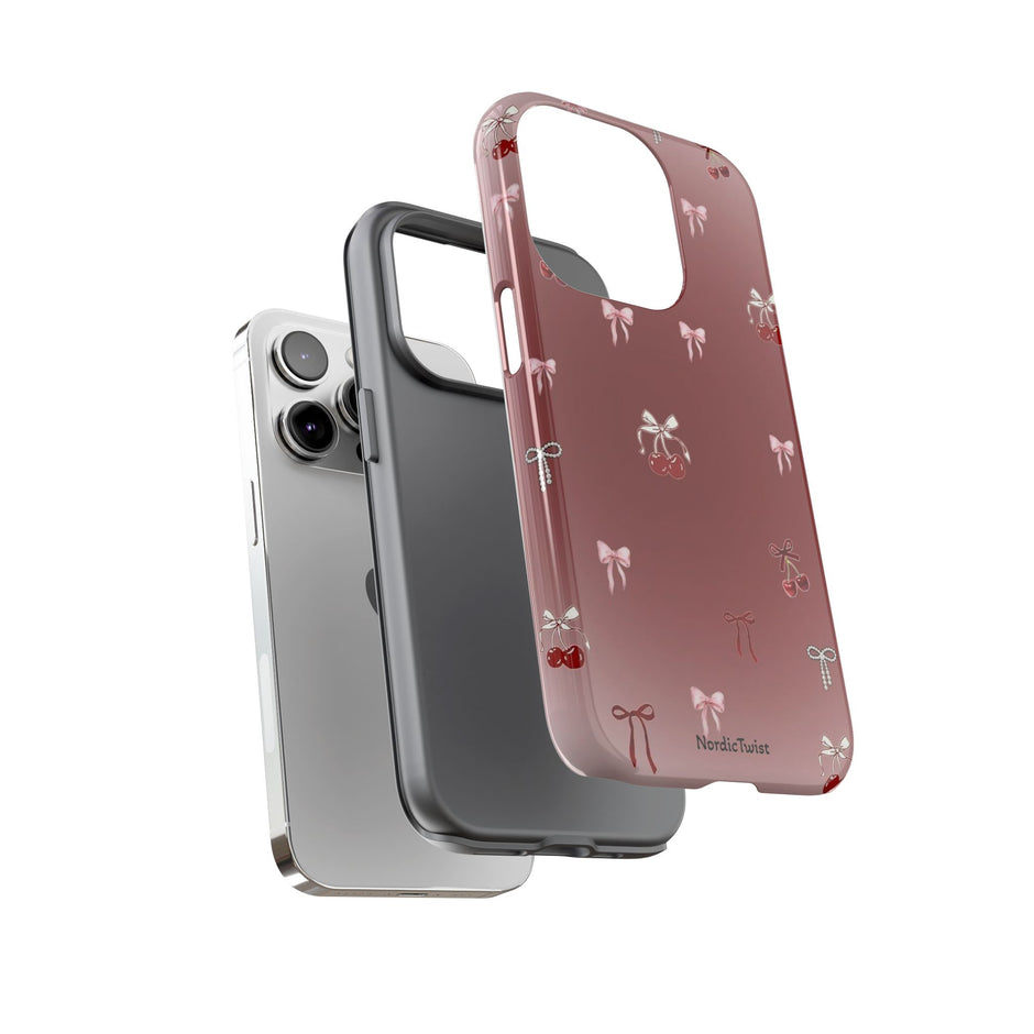 Cherry Bow Phone Case — Cute Red Gradient Protective Cover