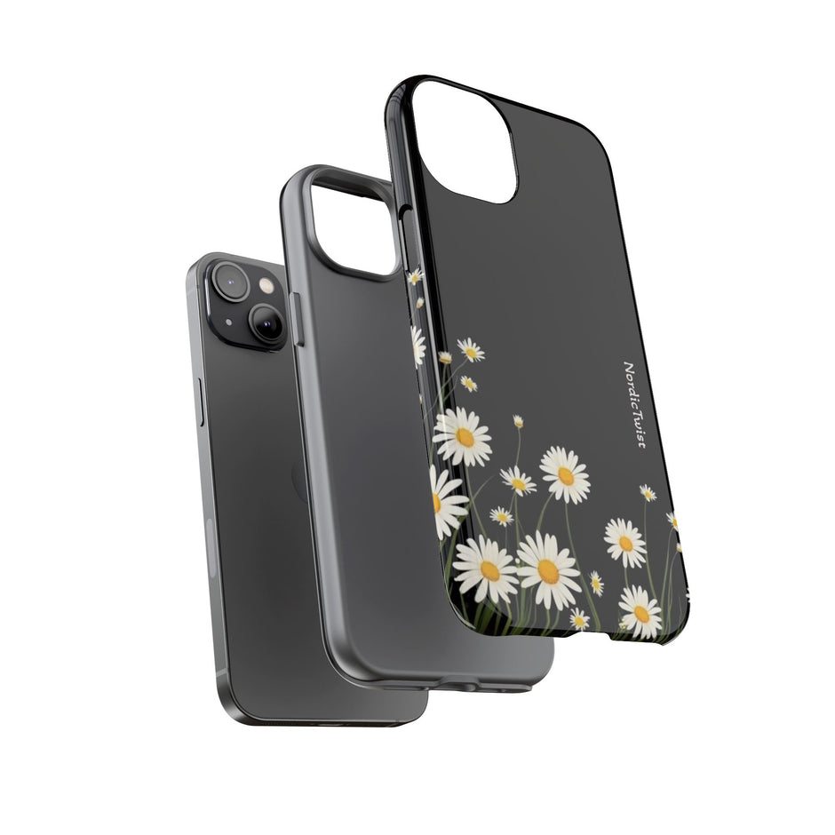 Daisy Floral Tough Phone Case – Protective Black Phone Cover with White Daisies