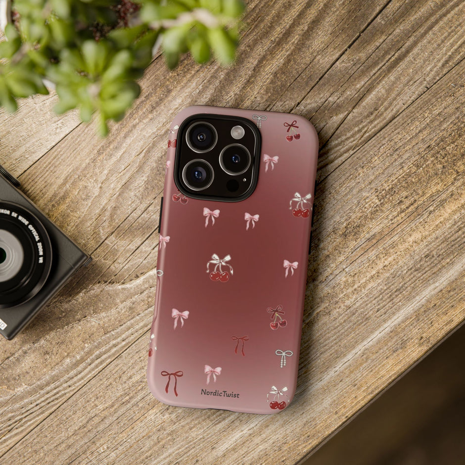 Cherry Bow Phone Case — Cute Red Gradient Protective Cover