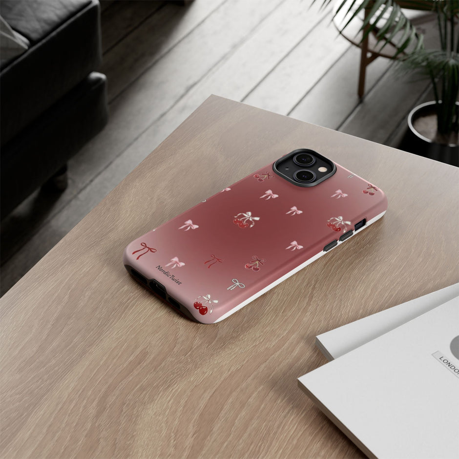 Cherry Bow Phone Case — Cute Red Gradient Protective Cover