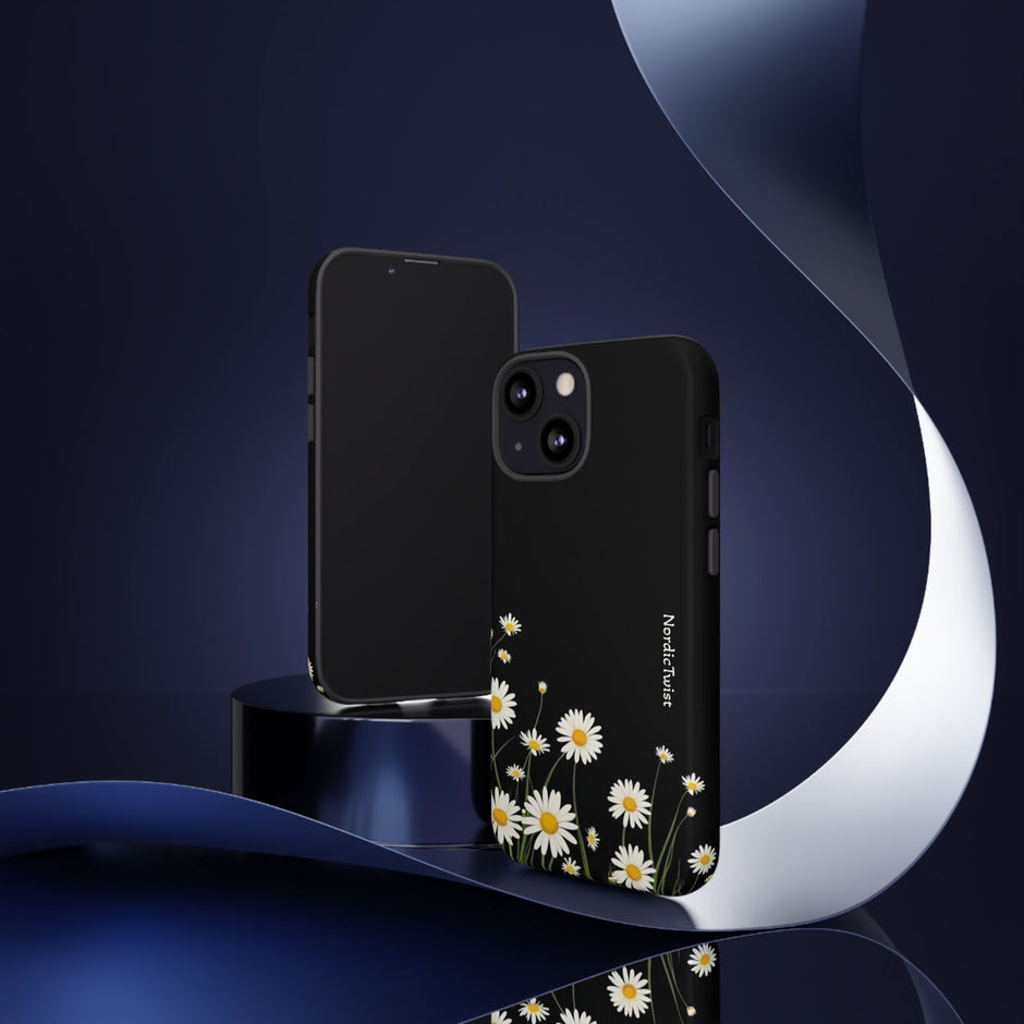 Daisy Floral Tough Phone Case – Protective Black Phone Cover with White Daisies