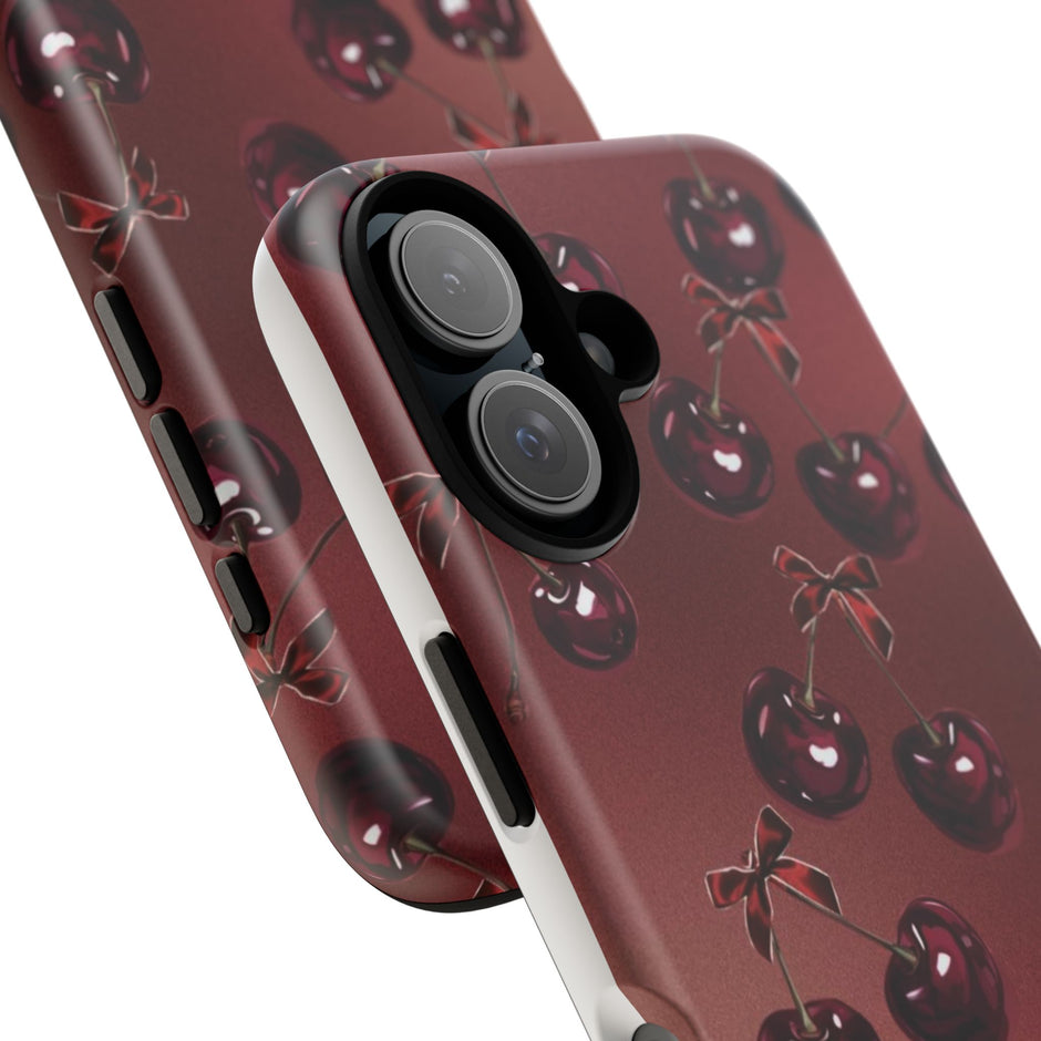Cherry Pattern Tough Phone Case — Retro Dark Red Cherry iPhone Cover