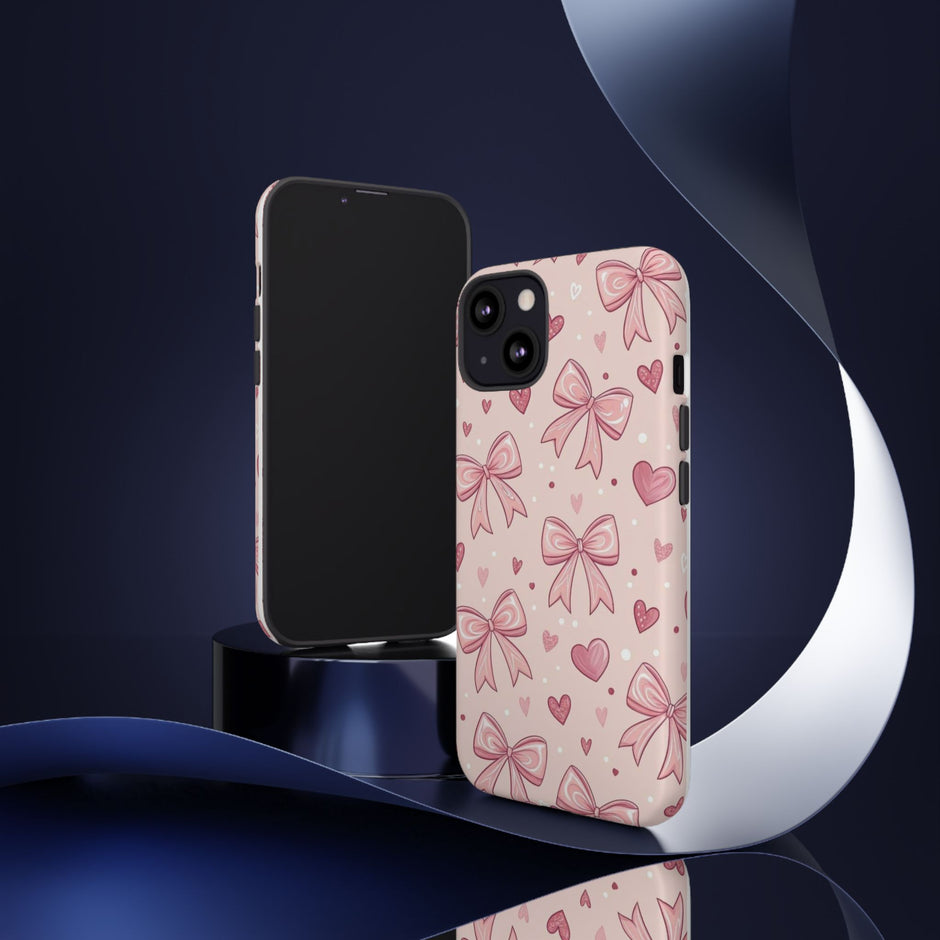 Pink Bow & Hearts Tough Phone Case — Cute Floral Ribbon iPhone Cover