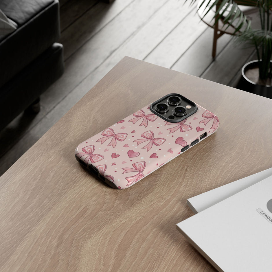 Pink Bow & Hearts Tough Phone Case — Cute Floral Ribbon iPhone Cover