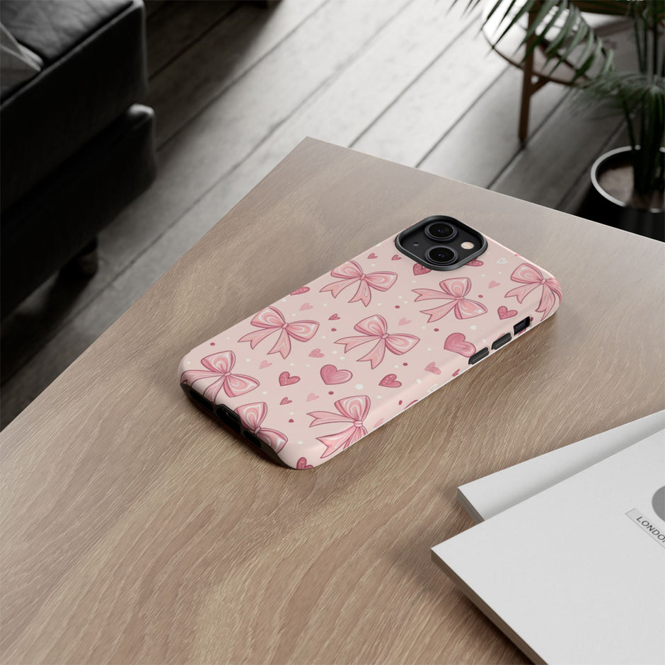 Pink Bow & Hearts Tough Phone Case — Cute Floral Ribbon iPhone Cover