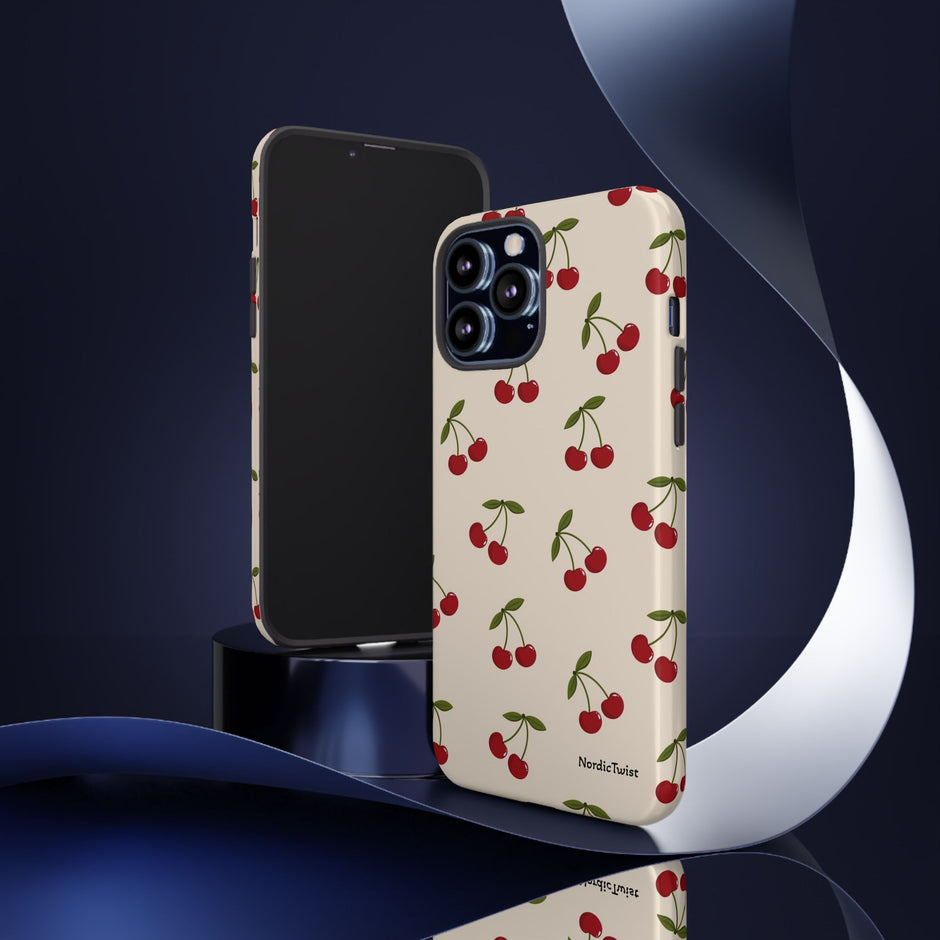 Cherry Pattern Tough Phone Case — Retro Red Cherries on Cream