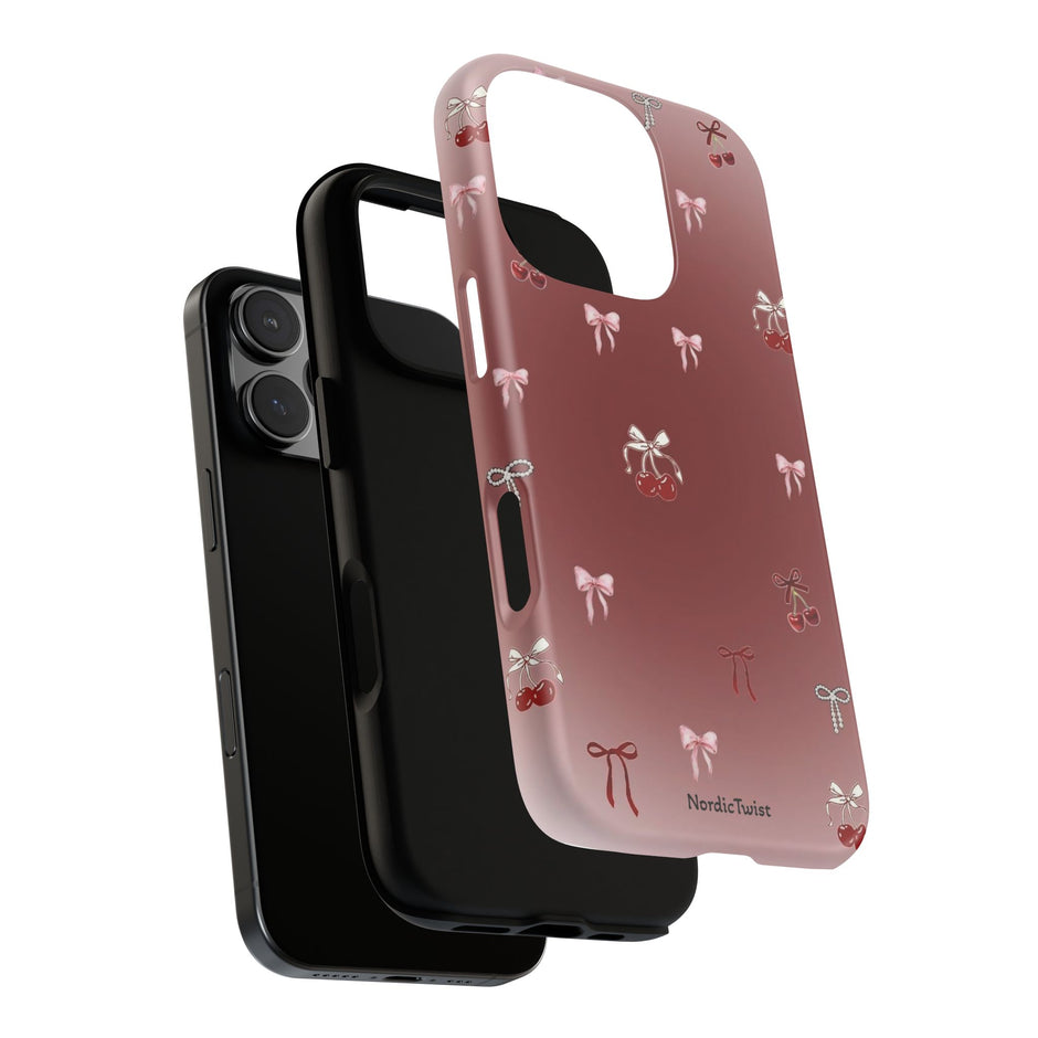 Cherry Bow Phone Case — Cute Red Gradient Protective Cover