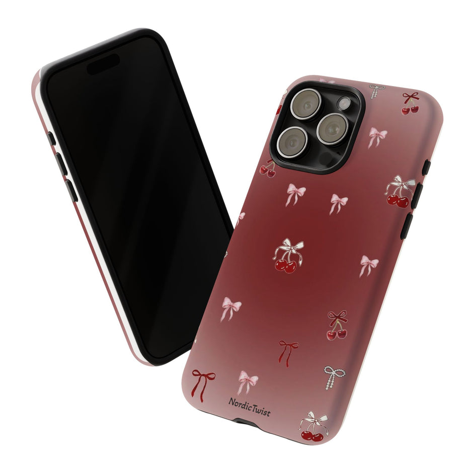 Cherry Bow Phone Case — Cute Red Gradient Protective Cover