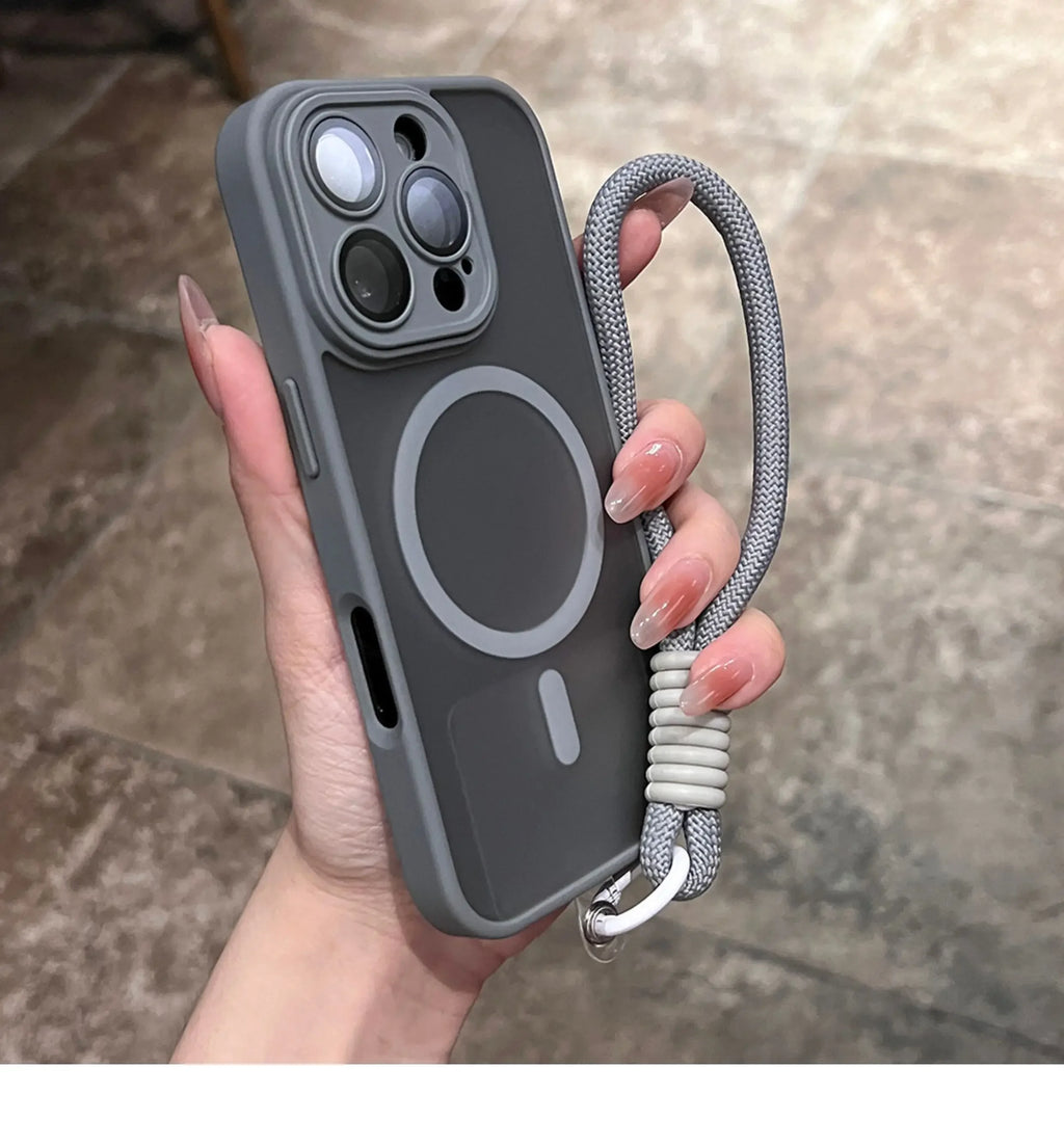 Clear Matte Magnetic Case For IPhone 16 14 13 Mini 15 12 11 Pro Max Plus Lanyard Wrist Strap Magsafe Shockproof Bumper Cover