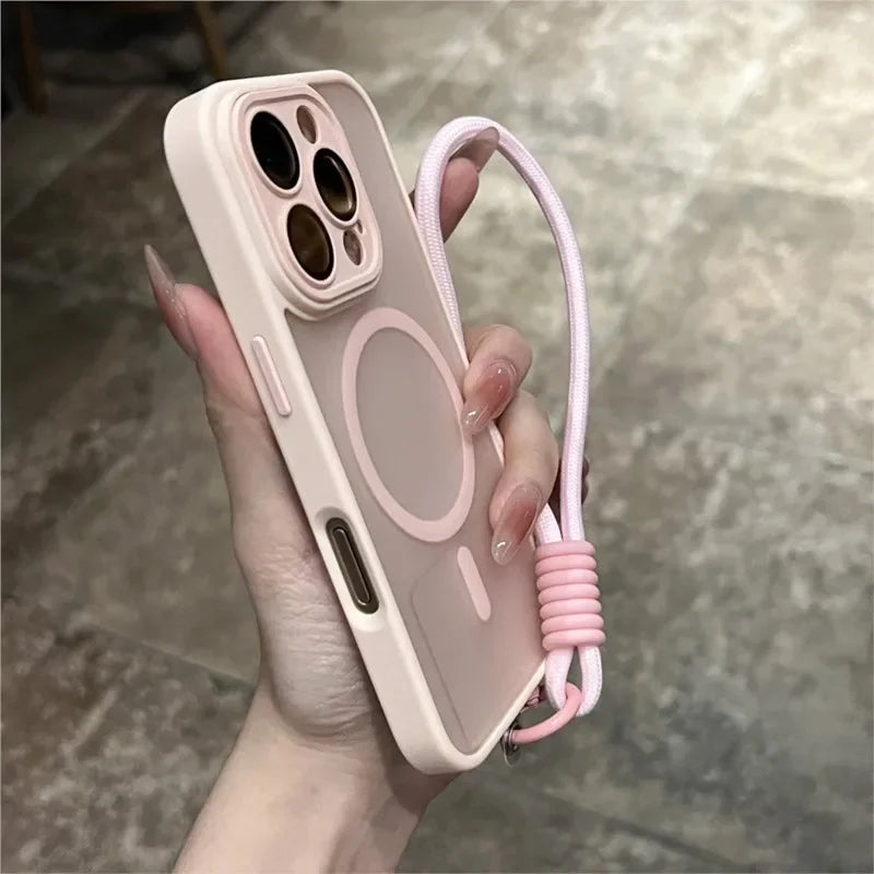 Clear Matte Magnetic Case For IPhone 16 14 13 Mini 15 12 11 Pro Max Plus Lanyard Wrist Strap Magsafe Shockproof Bumper Cover
