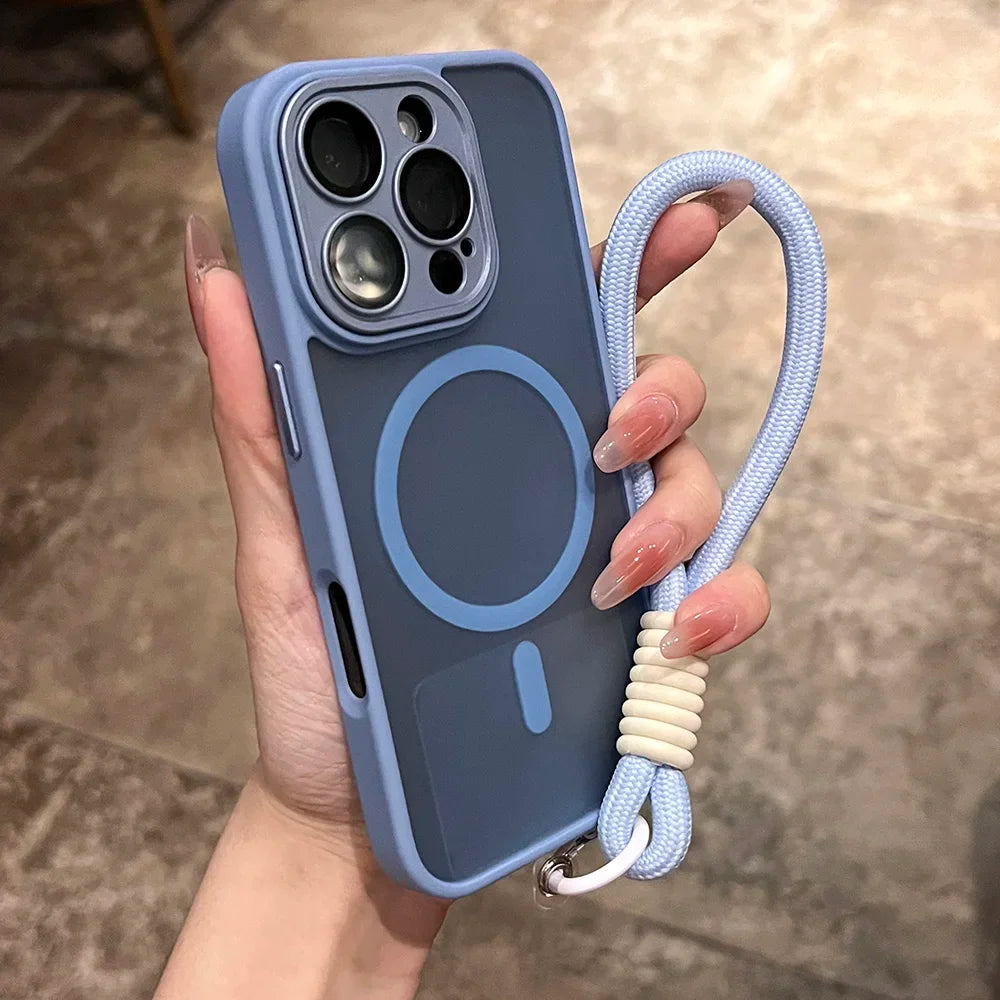 Clear Matte Magnetic Case For IPhone 16 14 13 Mini 15 12 11 Pro Max Plus Lanyard Wrist Strap Magsafe Shockproof Bumper Cover