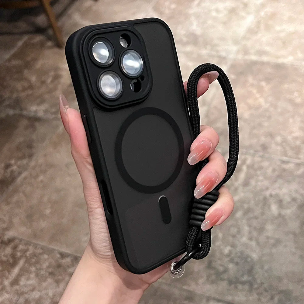Clear Matte Magnetic Case For IPhone 16 14 13 Mini 15 12 11 Pro Max Plus Lanyard Wrist Strap Magsafe Shockproof Bumper Cover