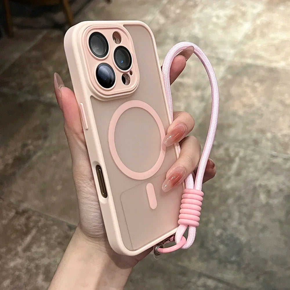 Clear Matte Magnetic Case For IPhone 16 14 13 Mini 15 12 11 Pro Max Plus Lanyard Wrist Strap Magsafe Shockproof Bumper Cover