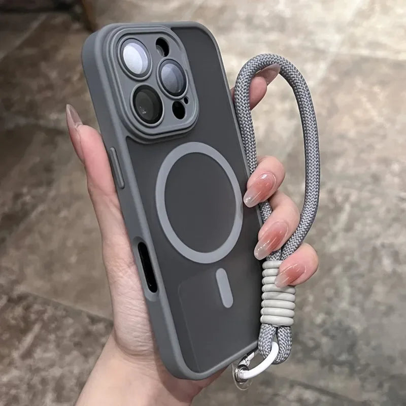 Clear Matte Magnetic Case For IPhone 16 14 13 Mini 15 12 11 Pro Max Plus Lanyard Wrist Strap Magsafe Shockproof Bumper Cover